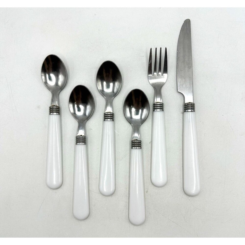 6pc Stainless Steel Flatware Acrylic Handled White Banded Detail
